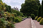 BORDERS AND TOPIARY ALONG THE FORMAL TERRACES AND WALLS. AT ST FAGANS CASTLE GARDENS