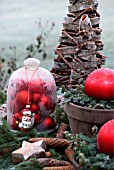 A TABLE IN THE GARDEN DECORATED WITH A BELL JAR FILLED WITH RED CHRISTMAS BALLS