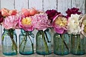 PAEONIA LACTIFLORA BOWL OF BEAUTY, SARAH BERNHARDT AND CORAL CHARM IN VINTAGE BLUE GLASS JARS