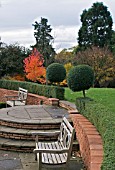 VIEW OF BENCHES AND TOPIARY AT BIRMINGHAM BOTANICAL GARDENS,  WITH ACER RUBRUM OCTOBER GLORY
