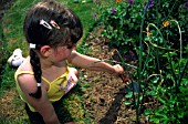 YOUNG GIRL GARDENING WITH TROWEL