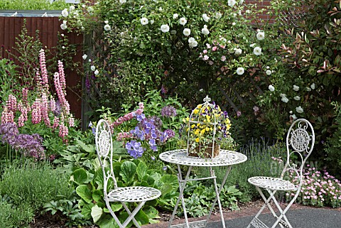 COLOURFUL_FRONT_GARDEN_WITH_ORNATE_TABLE_AND_CHAIRS_AT_WESTON_OPEN_GARDENS
