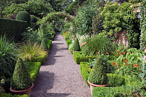 The_Long_Walk_boxlined_beds_are_narrow_with_box_cones_in_Whichford_pots