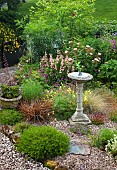 A plant lovers cottage garden gravel area with sundial grasses and herbaceous perennials