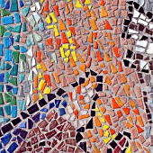 Brightly coloured Mosaic patterns of small tiles