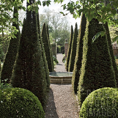 Carved_limestone_wellheadfour_quadrant_beds_are_separated_by_tall_thin_yew_spires_in_a_cruciform