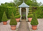 Summerhouse twisted and pyramid box in terracotta pots on grave, brick pathway