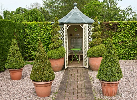 Summerhouse_twisted_and_pyramid_box_in_terracotta_pots_on_grave_brick_pathway
