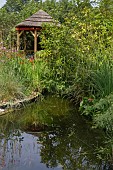 GARDEN VIEW, POND, THATCHED GAZEBO, NGS OPEN DAY, HATCH ROAD, BRENTWOOD, ESSEX