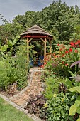 GARDEN VIEW, THATCHED GAZEBO, NGS OPEN DAY, HATCH ROAD, BRENTWOOD, ESSEX