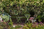 GARDEN VIEW, SEATING UNDER PERGOLA, NGS OPEN DAY, HATCH ROAD, BRENTWOOD, ESSEX