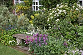 STONE BENCH WITH COTTAGE BORDER IN SPRING