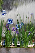 IRIS SIBIRICA AGAINST DECORATED WATER WALL. AO ARASHI (BLUE STORM),  DES. KAZUYUKI ISHIHARA. CHELSEA 2006