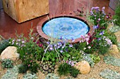 WARWICKSHIRE COLLEGE NATURE IN THE SKY,  DES. MICHAEL ROBERTS. COPPER WATER FEATURE. CHIVES,  AQUILEGIAS,  SEMPERVIVUM,  SEDUM,  DIANTHUS