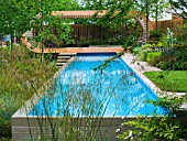 INFINITY EDGED SWIMMING POOL WITH SHADED SEATING PAVILION AT END. INC. STIPA GIGANTEA. CANCER RESEARCH UK GARDEN,  DES. ANDY STURGEON