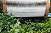 WATERFALL ON OUTSIDE OF PAVILION. RODGERSIA & FERNS. CANCER RESEARCH UK GARDEN,  DES. ANDY STURGEON