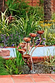 COPPER CUPS FOUNTAIN CASCADING,  GLASS MULCH PATH