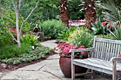 TROPICAL GARDEN SCENE WITH BENCH AND PATH