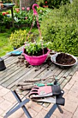 Making of a flowered hanging basket in a garden