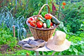 Basket of mixed vegetables: tomatoes, peppers, lettuce, zucchini, potatoes, on a table, country atmosphere, with hat, pair of shoes