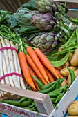 Spring vegetables on a garden terrace: carrots  aspargus  radish  artichokes  salad  peas  snow peas - France