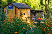 Garden shed with squash and seating area in July, Provence, France