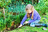 Little girl making a cutting from a Buxus, firming down with trowel
