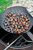 Pan-roasted chestnuts, chestnuts (Castanea sativa) harvested in the forest, seasonal food