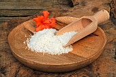 Coarse salt in a plate and a wooden spoon, azalea flower as decoration