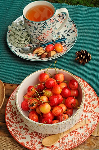 Lime_infusion_in_plantpatterned_tableware_Napoleon_cherries_and_Brazil_nuts_on_a_country_table
