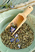 Borage officinale. Borage officinale (Borago officinalis) - blue flowered plant dried in a light blue plate and wooden measuring spoon - depurative, diuretic, for respiratory disorders, used in cosmetics for oily skin.