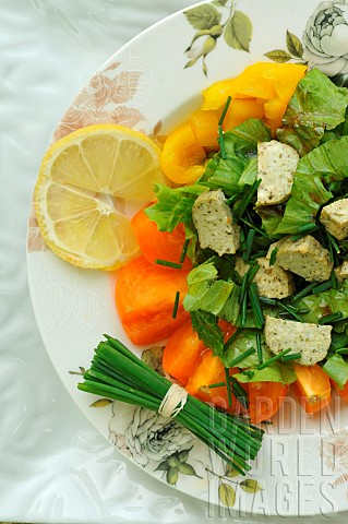 Chives_Allium_schoenoprasum_Civet__Chives__Food__salad_plate_orange_tomatoes_tofu_with_herbs_lemon_a