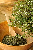 Thyme (Thymus vulgaris) - freshly bloomed and dried in a wooden bowl