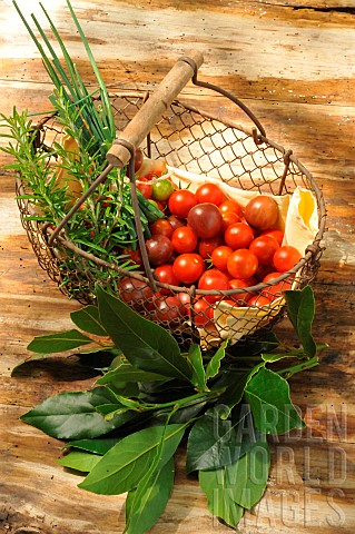 Garden_harvest_of_cherry_tomatoes_Solanum_lycopersicum_bay_leaves_Laurus_nobilis_chives_Allium_schoe