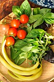 Basil (Ocimum basilicum), Cherry tomatoes (Solanum lycopersicum), Butter beans (Phaseolus vulgaris), Herbs and vegetables from the garden