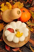 Autumn squash: Pâtisson, Butternut and Potimarron, dead leaves