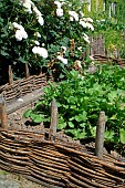 Vegetable plant and flowers in raised plessis squares, Medieval Garden of Bois Richeux, Eure et Loir, France
