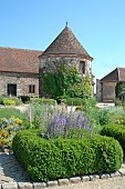 Square of Boxwood (Buxus sp) and flowers, Medieval Garden of Bois Richeux, Eure et Loir, France