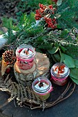 Verrines with beetroot and courgette from the garden on cut wood rings, end of year party, natural decoration, wreath of leaves and berries