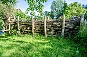 Dry hedge or Benjes hedge in a garden, spring, Manche, Normandy, France