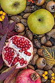 Pomegranates, apples, medlars, almonds, autumn fruits et leaves