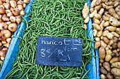 Illustration of access to everyday consumer goods and the decline in purchasing power due to inflation. Green beans produced on the Croix-Rousse market sold at ?8 per kilo, 2023-09-26, Lyon, France.