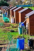 Allotment garden shelters with rainwater recovery for watering vegetables, Change, Sarthe, Pays de la Loire, France