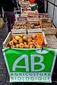 Organic fruit and vegetable producer at the Jacobins market, Le Mans, Sarthe, France