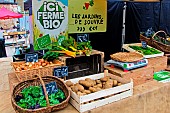 Sale of organic vegetables, Agriculture biologique des jardins de Souvre, organic farm, at the Jacobins market, Le Mans, Sarthe, France.