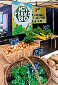 Sale of organic vegetables, Agriculture biologique des jardins de Souvre, organic farm, at the Jacobins market, Le Mans, Sarthe, France.