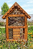 Insect hotel in the Bonnétable vegetable garden. Magnificent glass greenhouse from the 19th century, where several varieties of tomato are grown. The Bonnétable vegetable garden is the work of the Buhler brothers, two landscape designers who also created the Le Thabor garden in Nantes. Sarthe, France