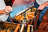 Honey harvest, honey extraction, here the hive frames, Sarthe, France