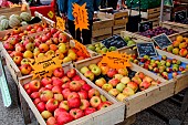 Sale of knife apples in crates, Marché& des Jacobins, Le Mans, Sarthe, France