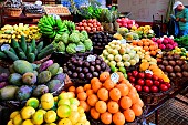 Fruits and vegetables stand at the Funchal market. Funchal. Madeira island. Portugal.